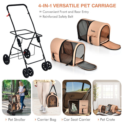 4-in-1 Double Pet Stroller with Detachable Carrier for Cats Travel-Beige