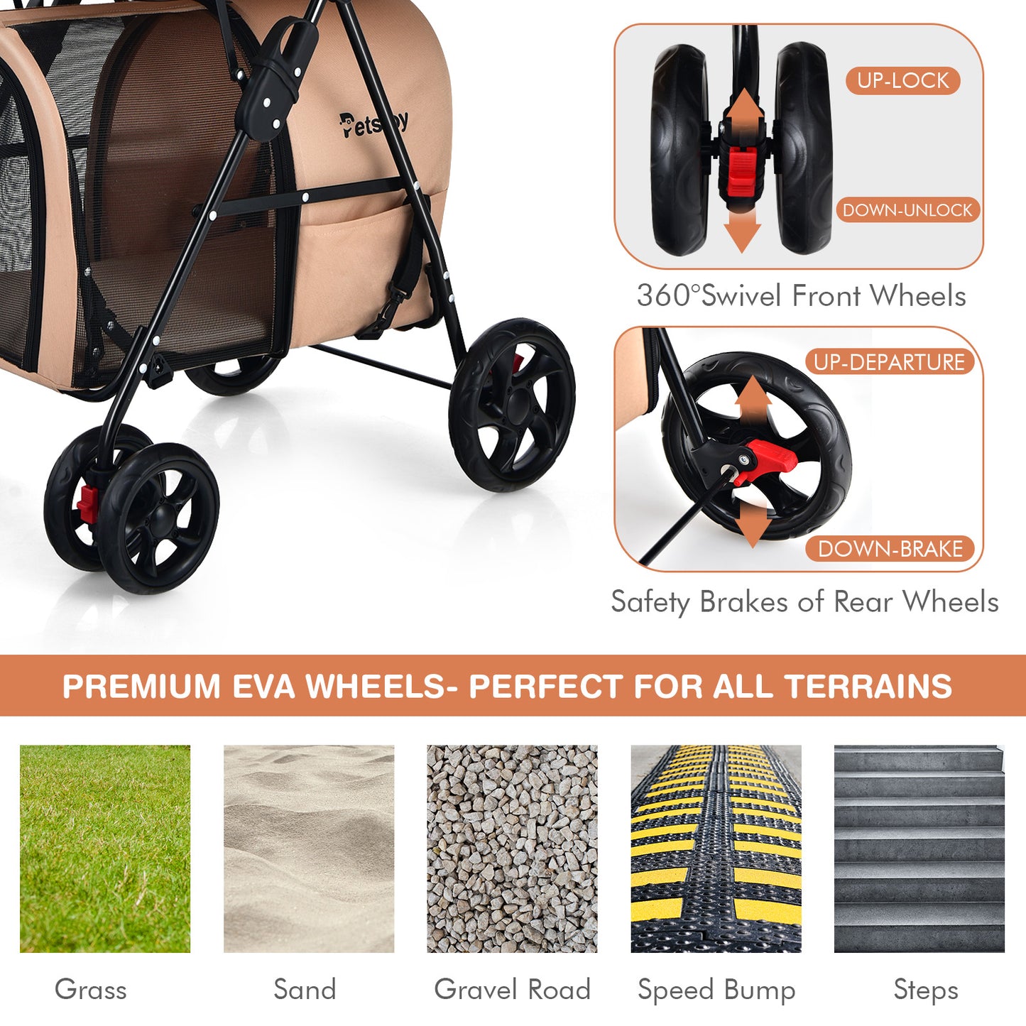 4-in-1 Double Pet Stroller with Detachable Carrier for Cats Travel-Beige
