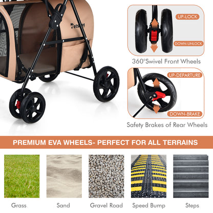 4-in-1 Double Pet Stroller with Detachable Carrier for Cats Travel-Beige