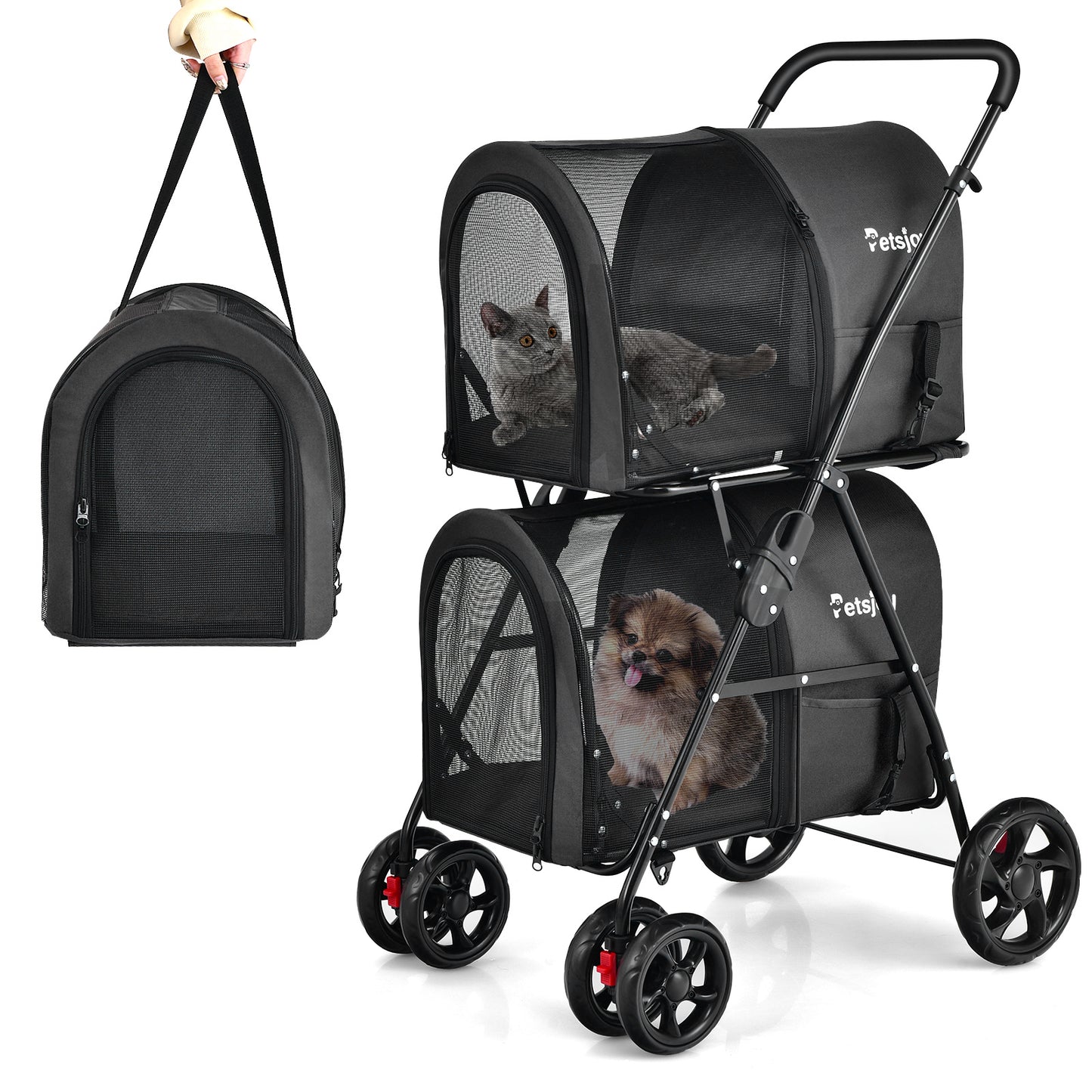 4-in-1 Double Pet Stroller with Detachable Carrier for Cats Travel-Black