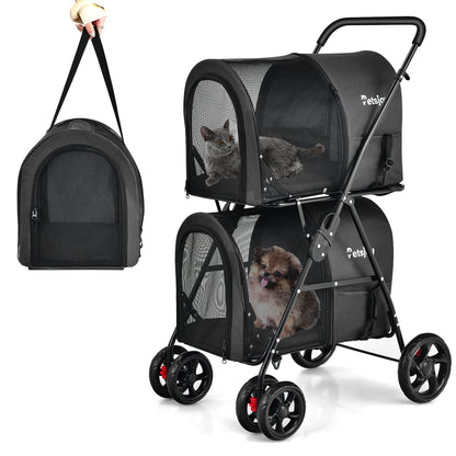 4-in-1 Double Pet Stroller with Detachable Carrier for Cats Travel-Black