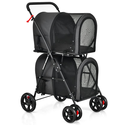 4-in-1 Double Pet Stroller with Detachable Carrier for Cats Travel-Black