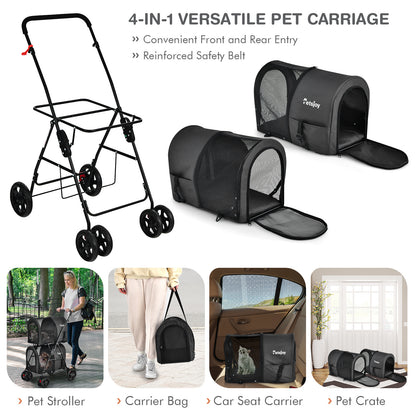 4-in-1 Double Pet Stroller with Detachable Carrier for Cats Travel-Black