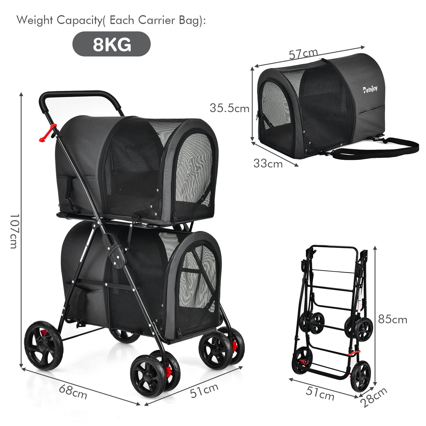 4-in-1 Double Pet Stroller with Detachable Carrier for Cats Travel-Black