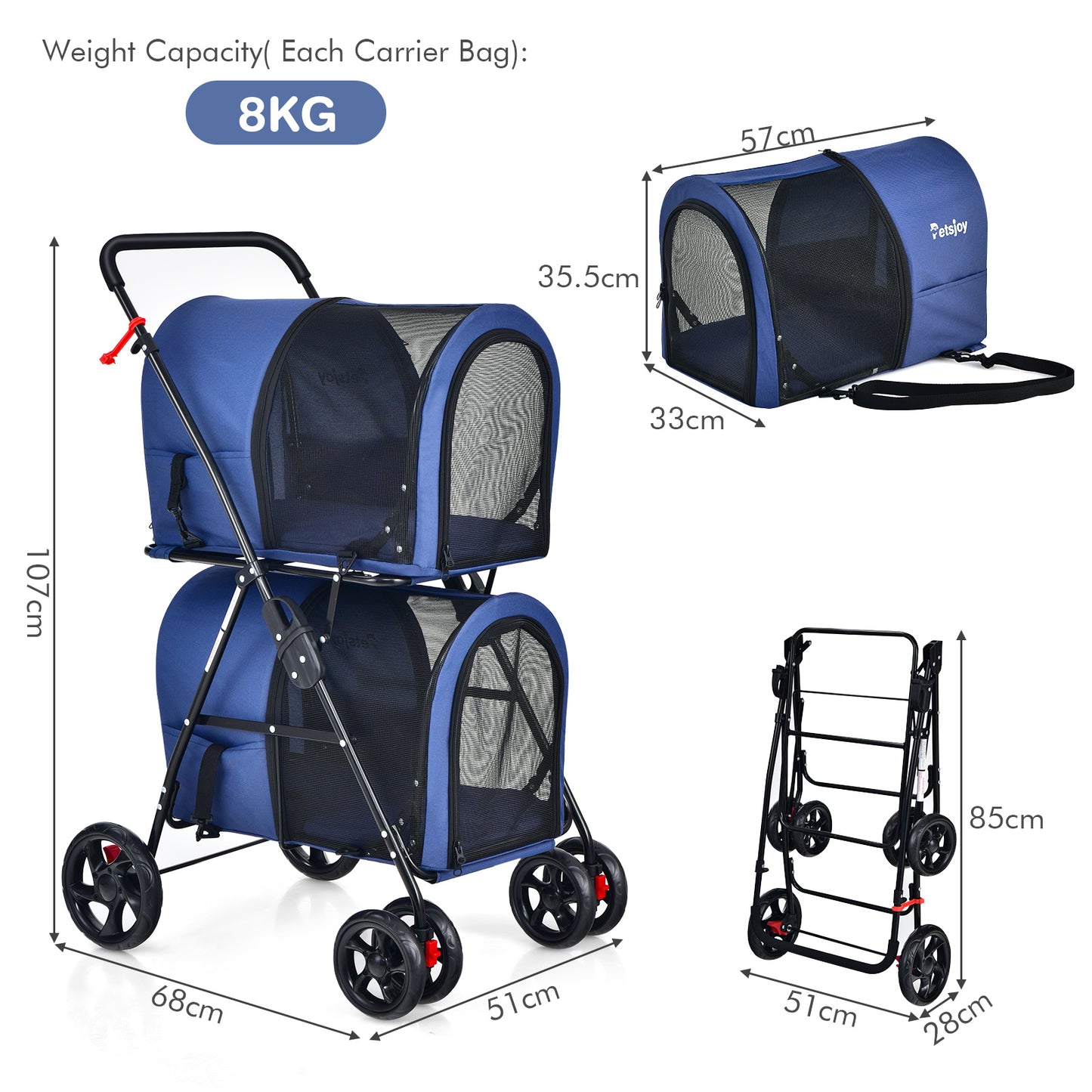 4-in-1 Double Pet Stroller with Detachable Carrier for Cats Travel-Navy