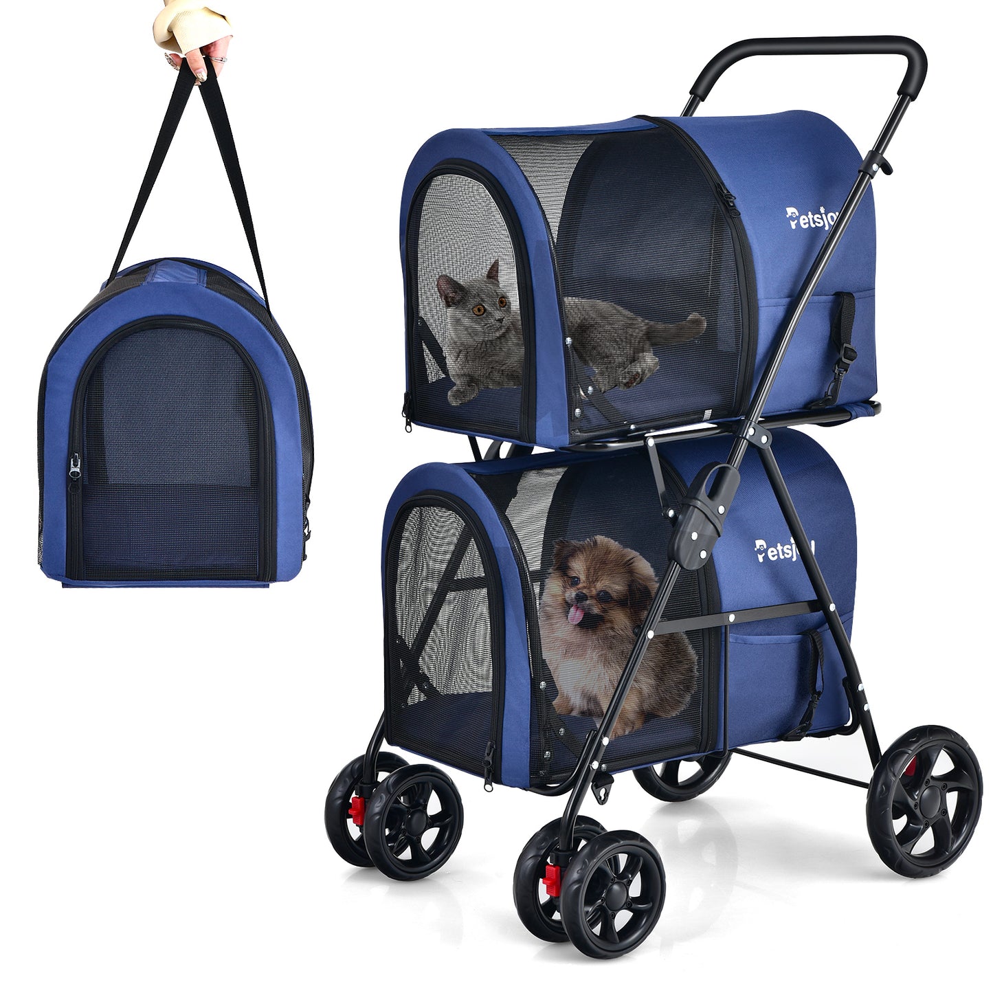 4-in-1 Double Pet Stroller with Detachable Carrier for Cats Travel-Navy