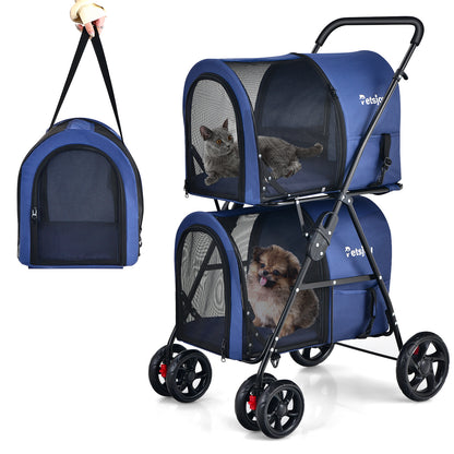 4-in-1 Double Pet Stroller with Detachable Carrier for Cats Travel-Navy