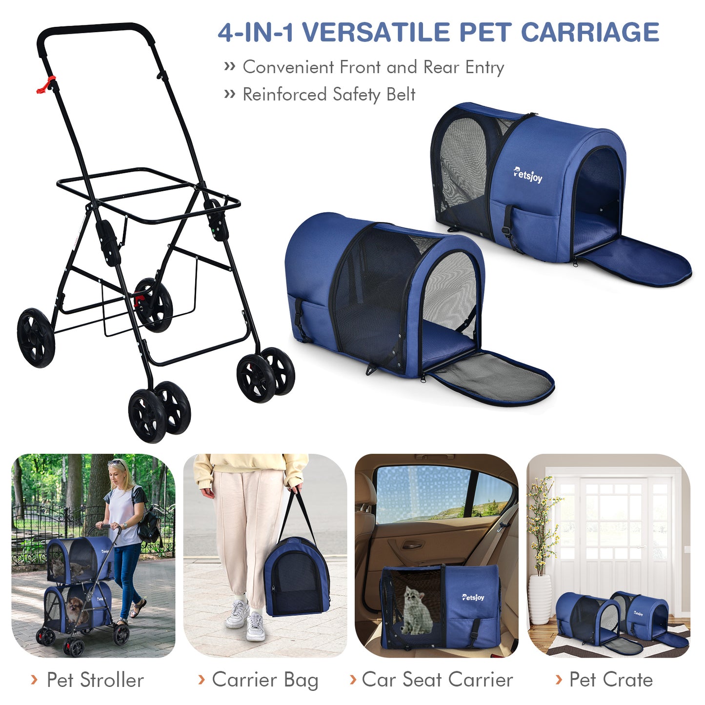 4-in-1 Double Pet Stroller with Detachable Carrier for Cats Travel-Navy