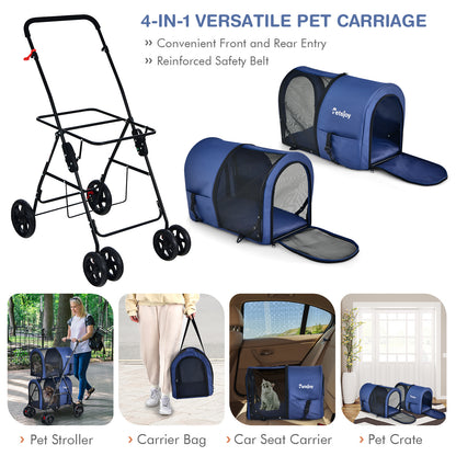 4-in-1 Double Pet Stroller with Detachable Carrier for Cats Travel-Navy