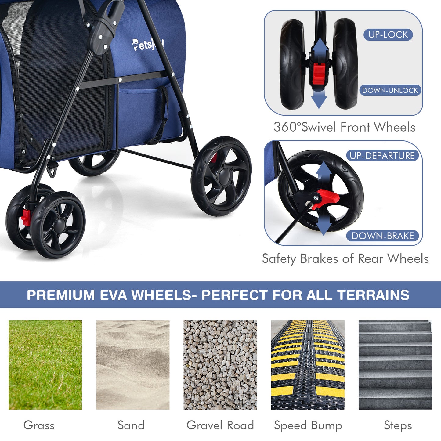 4-in-1 Double Pet Stroller with Detachable Carrier for Cats Travel-Navy