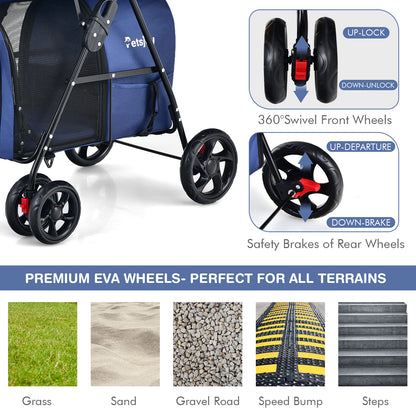 4-in-1 Double Pet Stroller with Detachable Carrier for Cats Travel-Navy