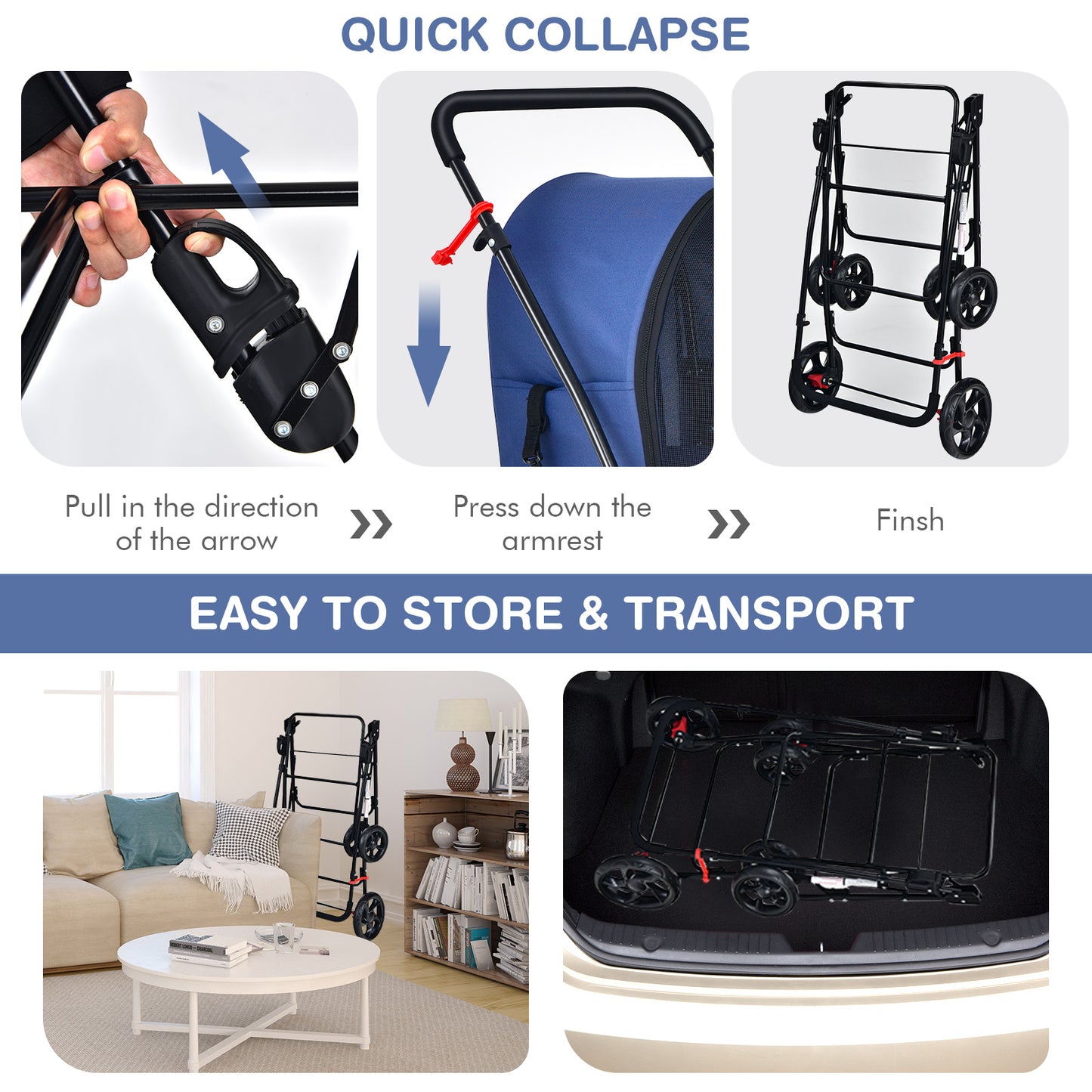 4-in-1 Double Pet Stroller with Detachable Carrier for Cats Travel-Navy