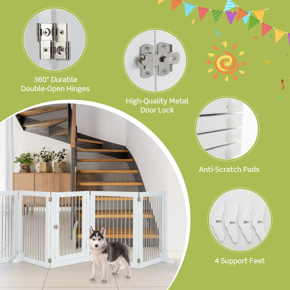 Freestanding 6-Panel Dog Gate with Stainless Steel for Pet