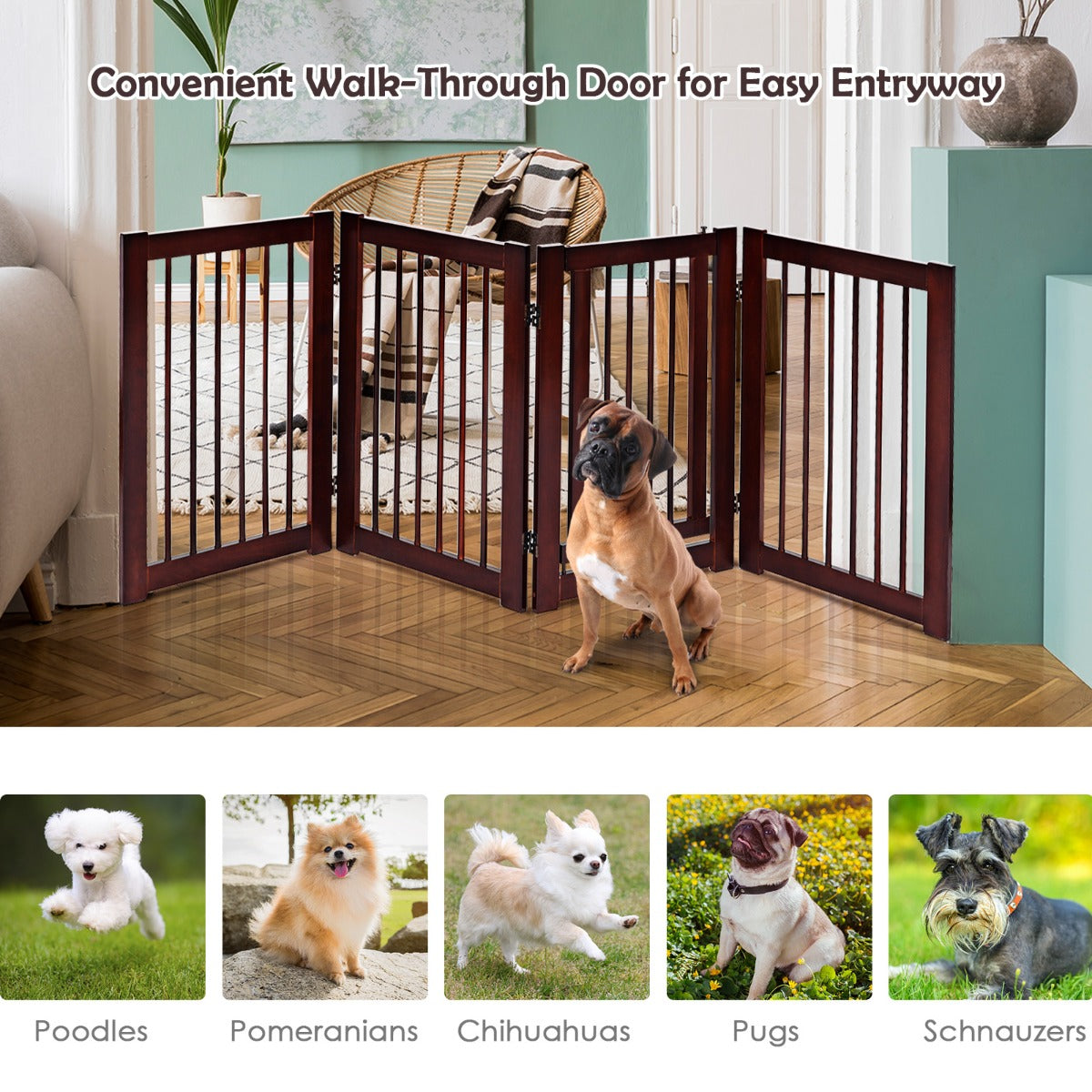 4 Panel Folding Dog Fence with Walk Through Door-Coffee