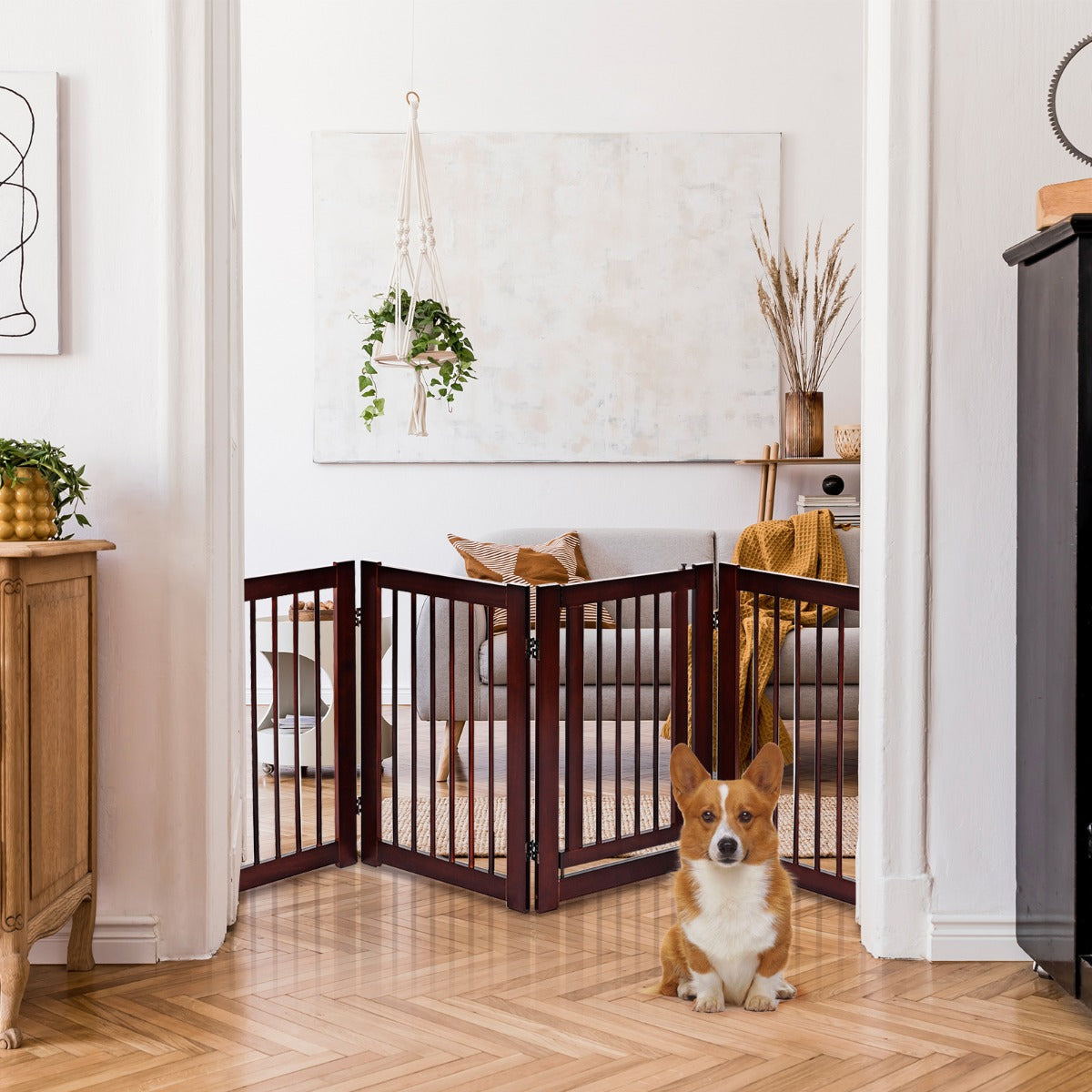 4 Panel Folding Dog Fence with Walk Through Door-Coffee