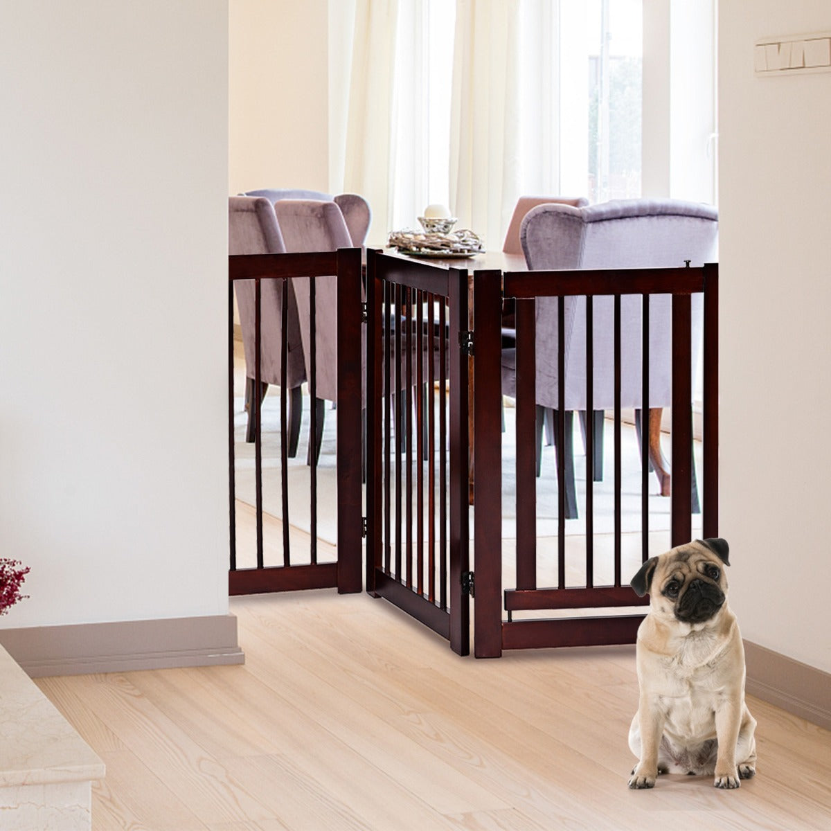 4 Panel Folding Dog Fence with Walk Through Door-Coffee