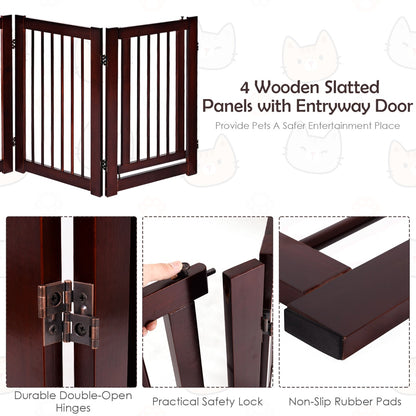 4 Panel Folding Dog Fence with Walk Through Door-Coffee
