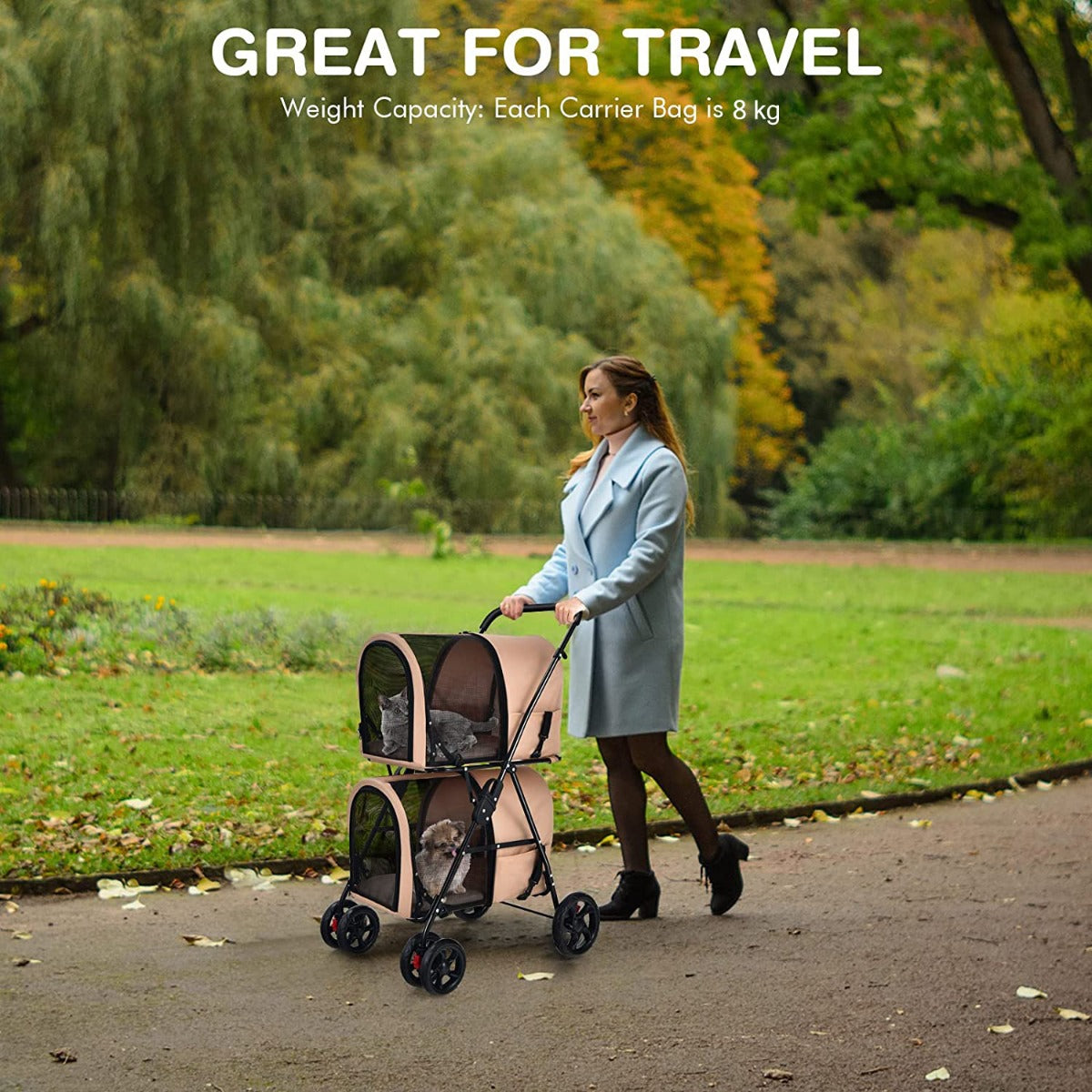 4-in-1 Double Pet Stroller with Detachable Carrier for Cats Travel-Beige