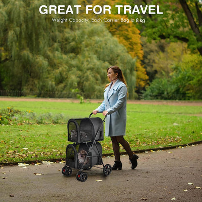 4-in-1 Double Pet Stroller with Detachable Carrier for Cats Travel-Black