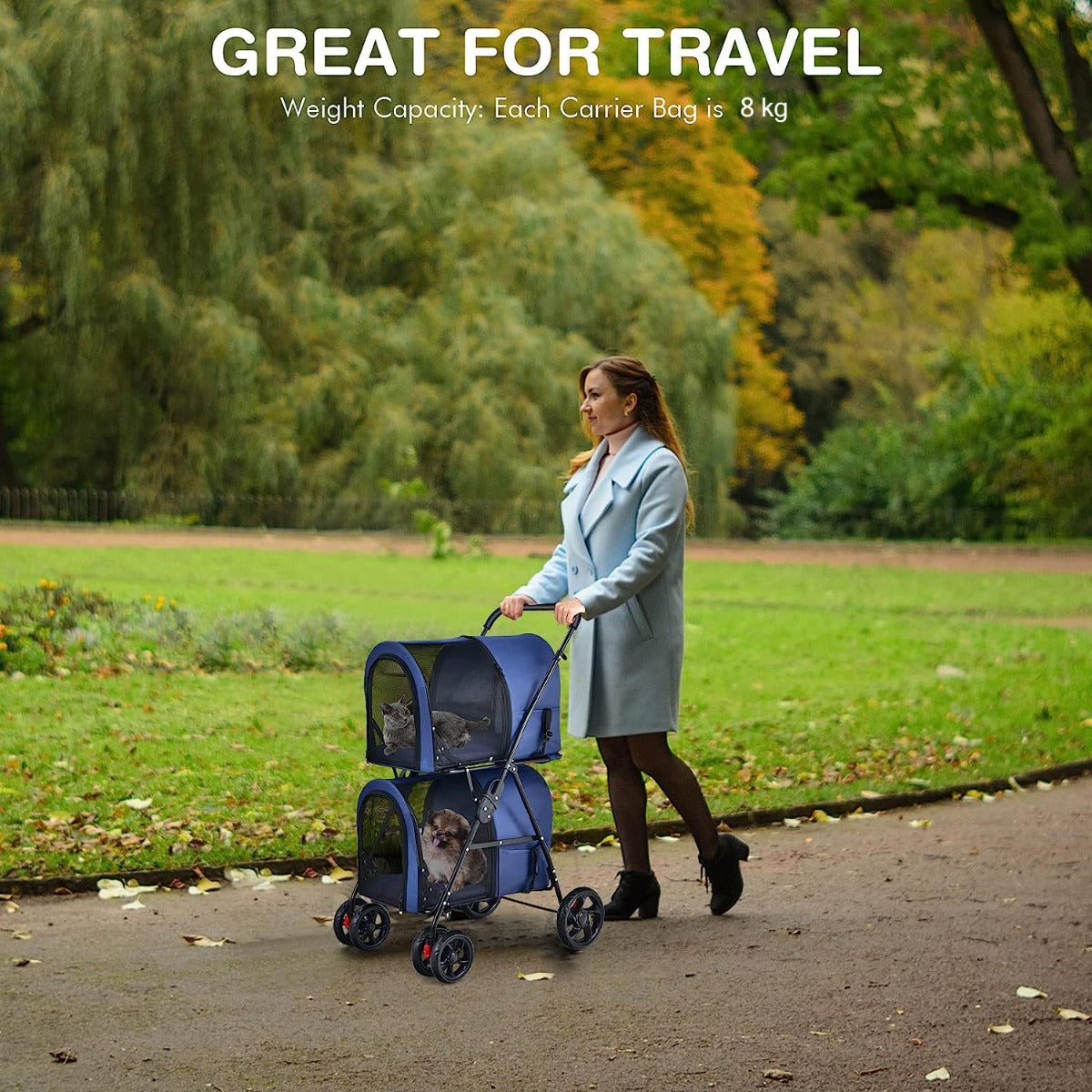 4-in-1 Double Pet Stroller with Detachable Carrier for Cats Travel-Navy