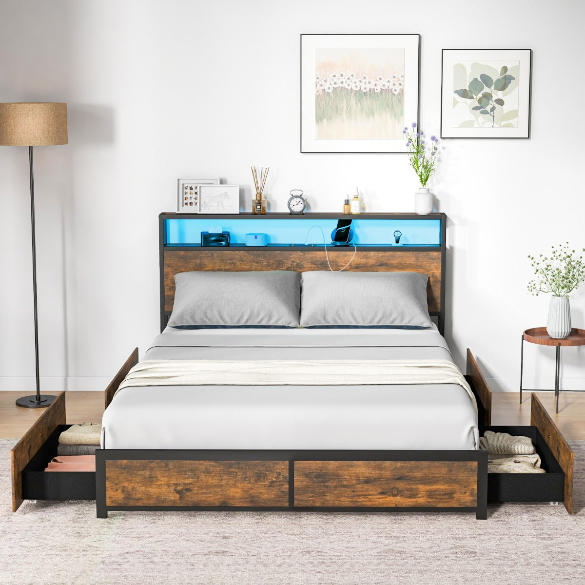 Queen Bed Frame with Smart LED Lights & Storage Headboard