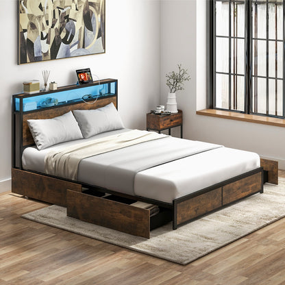 Queen Bed Frame with Smart LED Lights & Storage Headboard