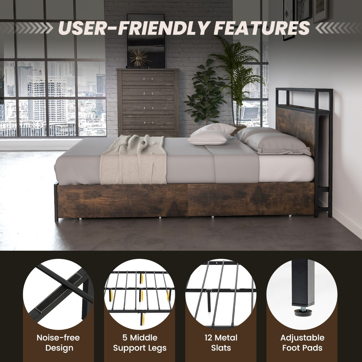 Queen Bed Frame with Smart LED Lights & Storage Headboard