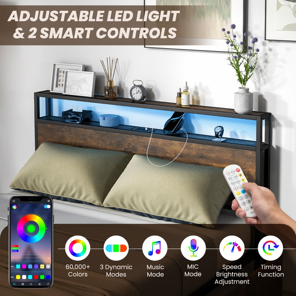 Queen Bed Frame with Smart LED Lights & Storage Headboard