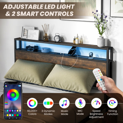 Queen Bed Frame with Smart LED Lights & Storage Headboard