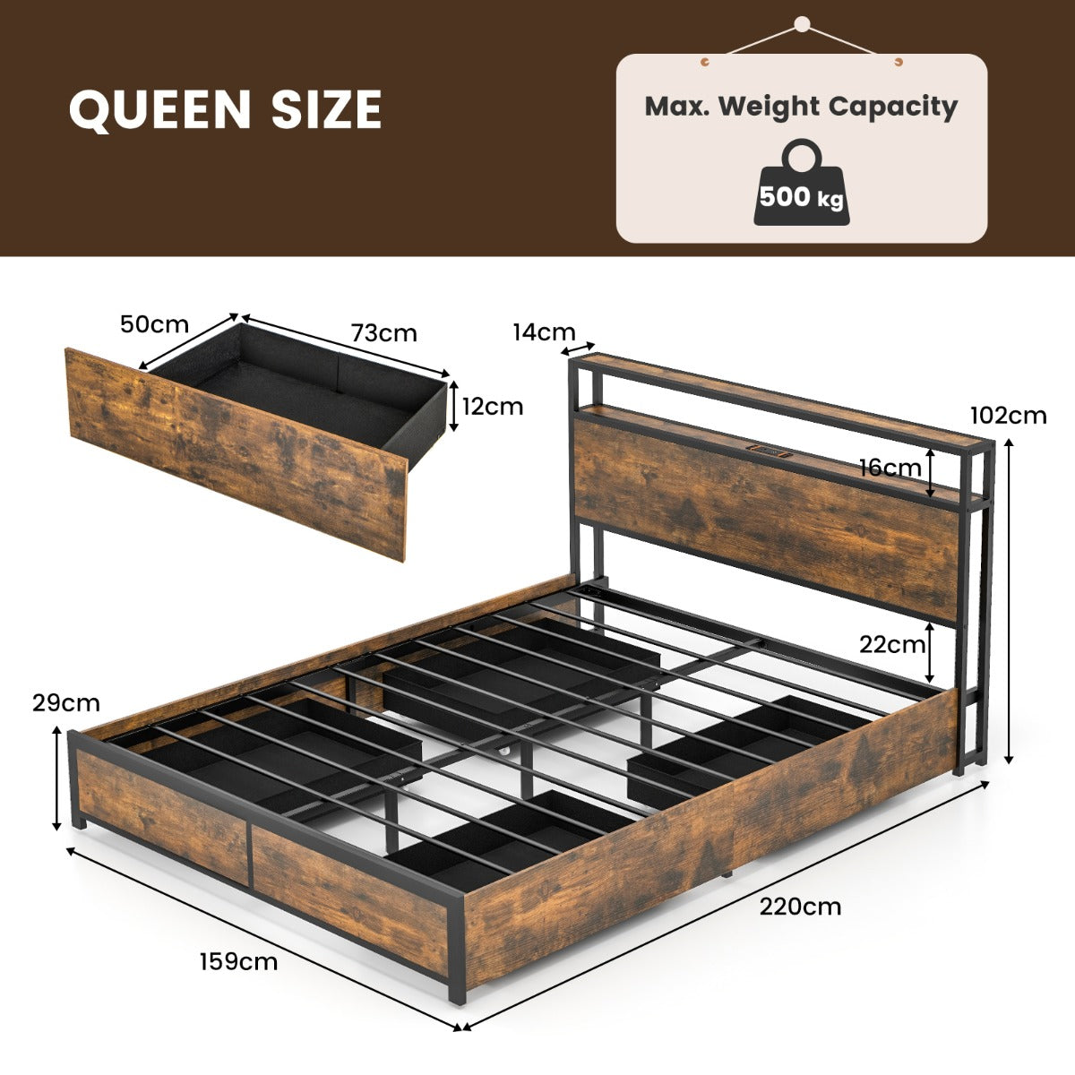 Queen Bed Frame with Smart LED Lights & Storage Headboard