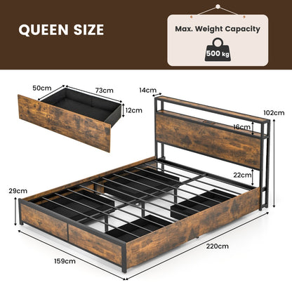 Queen Bed Frame with Smart LED Lights & Storage Headboard