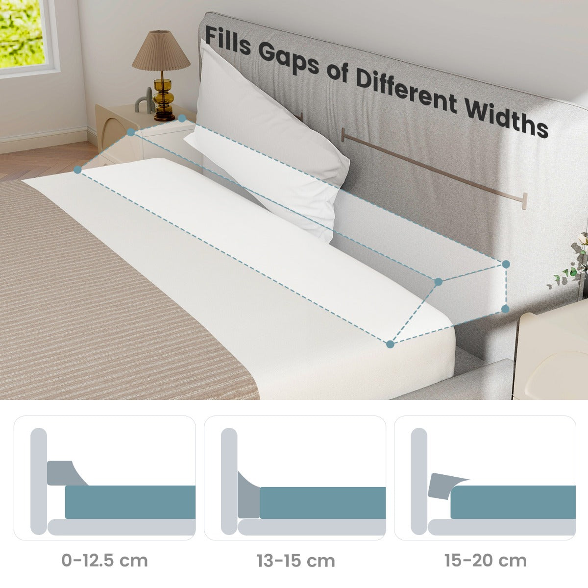 Bed Wedge Pillow for Headboard Gap with 2 Storage Pockets-Grey-Queen