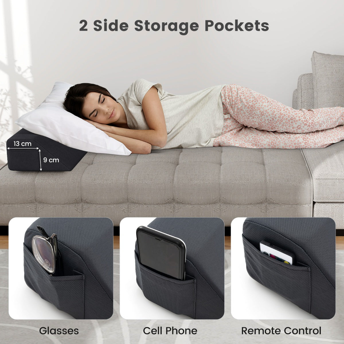 Bed Wedge Pillow for Headboard Gap with 2 Storage Pockets-Grey-Queen