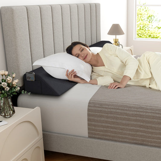 Bed Wedge Pillow for Headboard Gap with 2 Storage Pockets-Grey-Queen