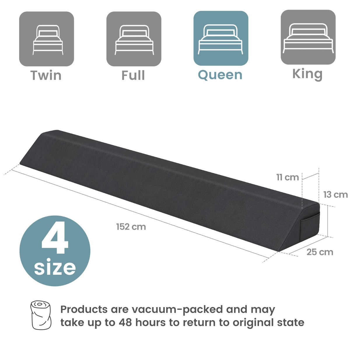 Bed Wedge Pillow for Headboard Gap with 2 Storage Pockets-Grey-Queen
