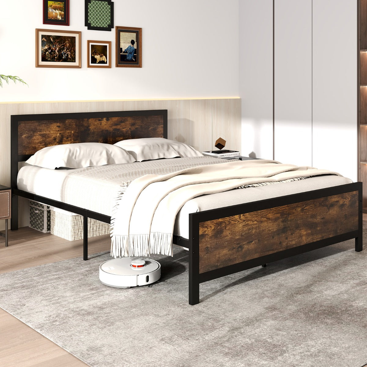 Queen Size Metal Bed Frame with Headboard and Footboard-Queen