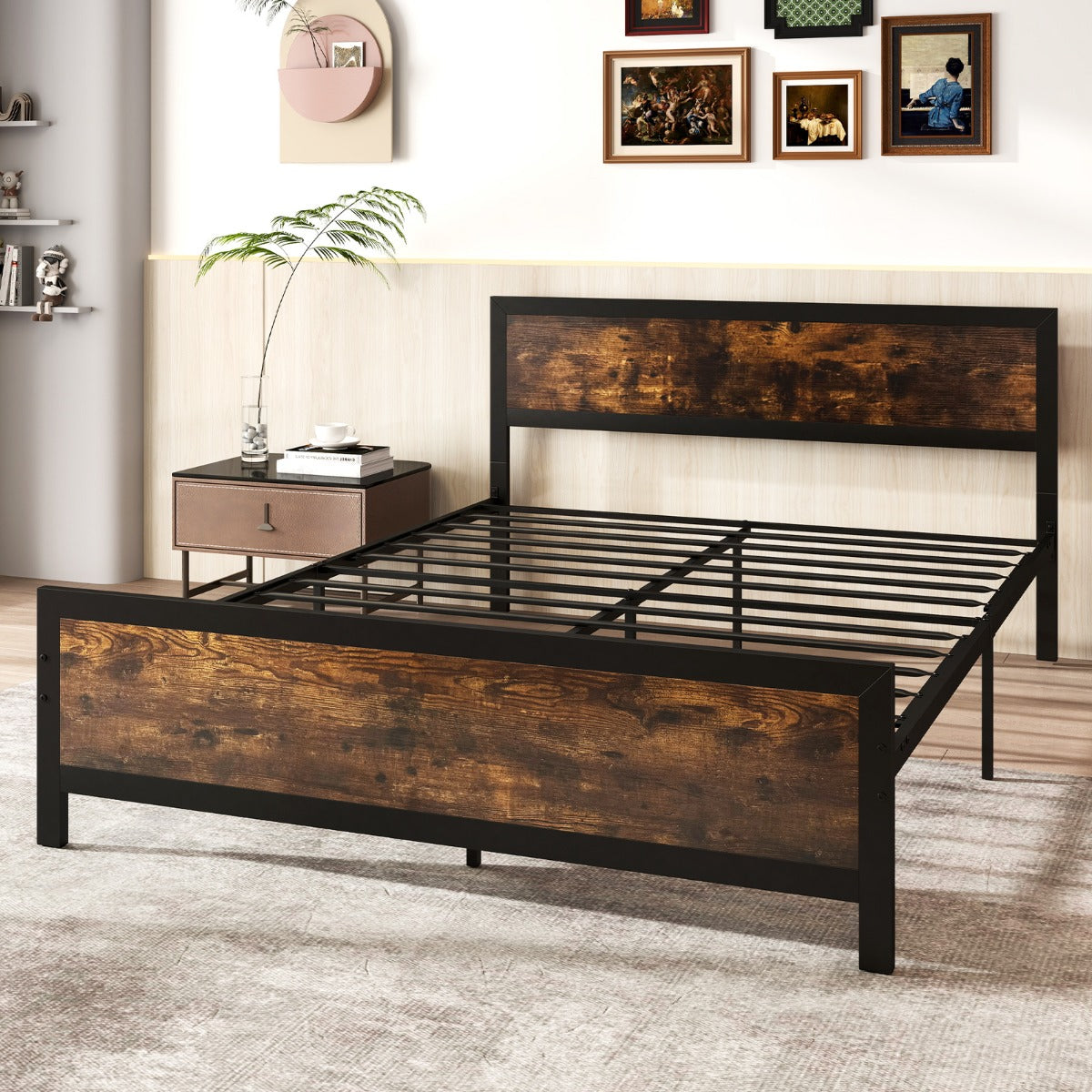 Queen Size Metal Bed Frame with Headboard and Footboard-Queen