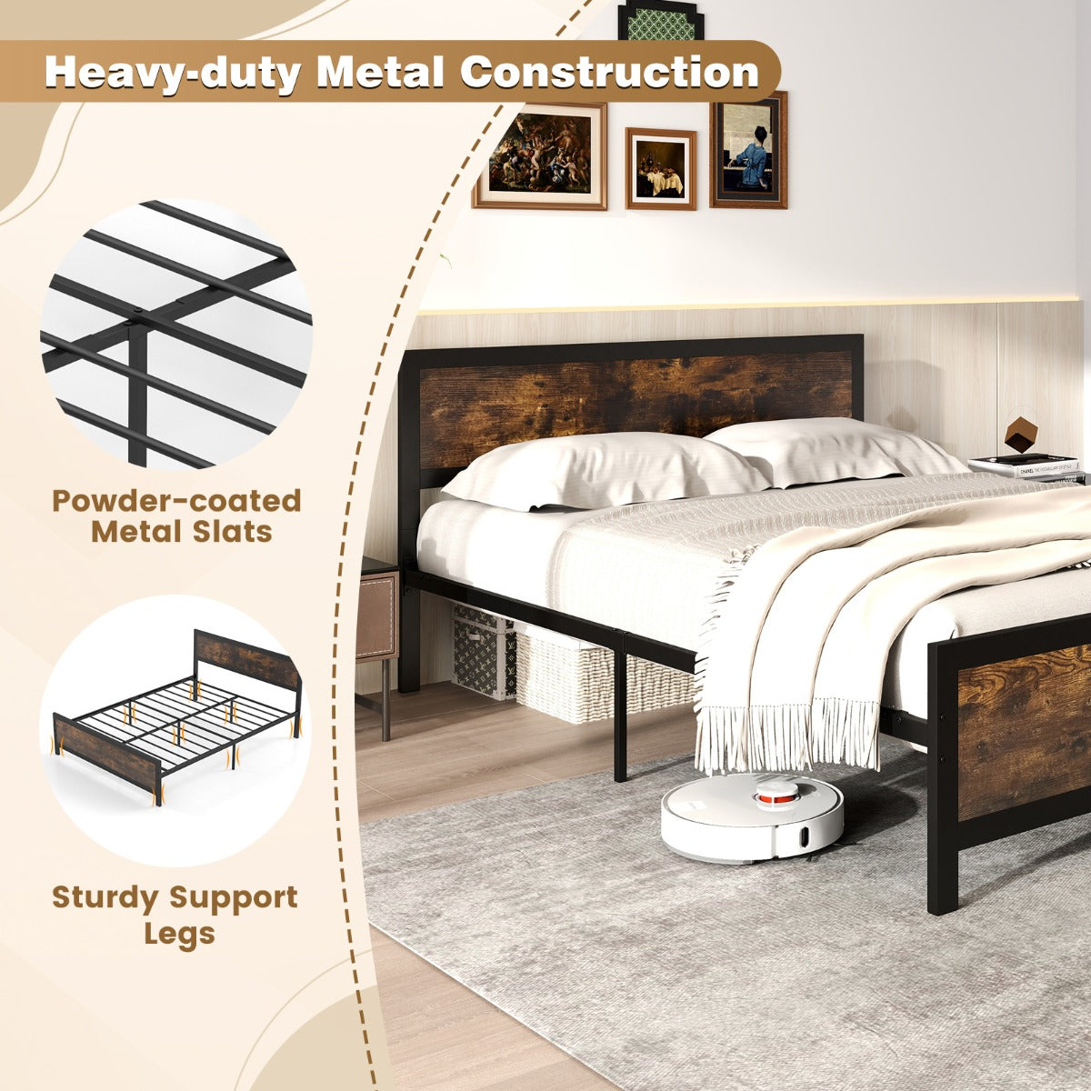 Queen Size Metal Bed Frame with Headboard and Footboard-Queen