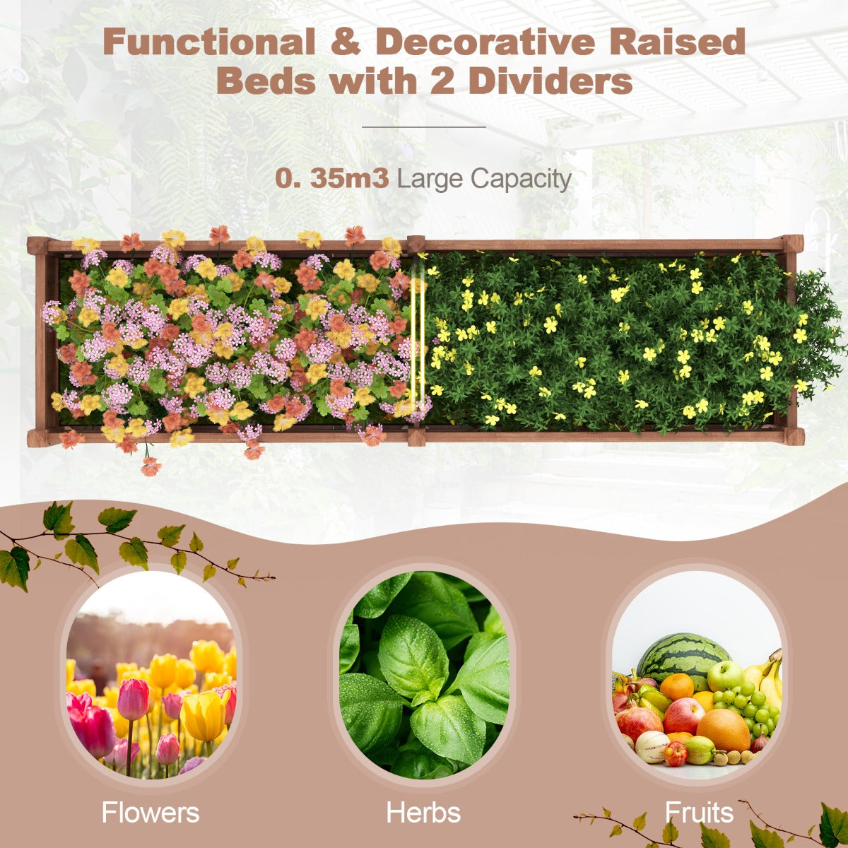 Spacious raised planting bed offers practical drainage, soil control and organized cultivation