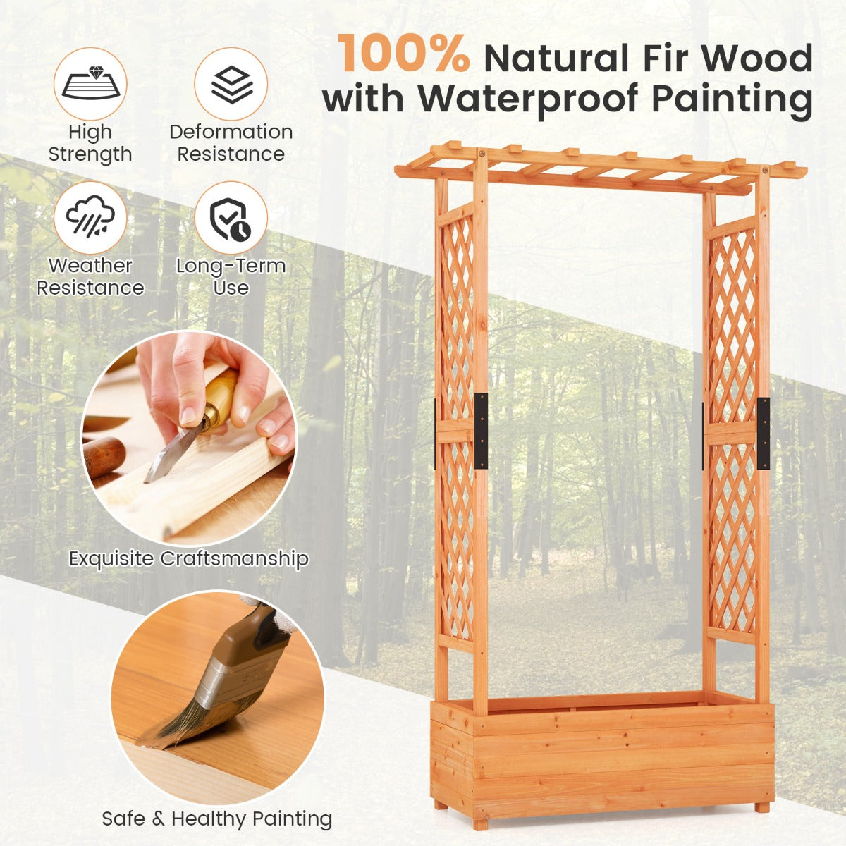 Waterproof painted fir wood surface is easy to clean with a damp cloth for simple garden maintenance