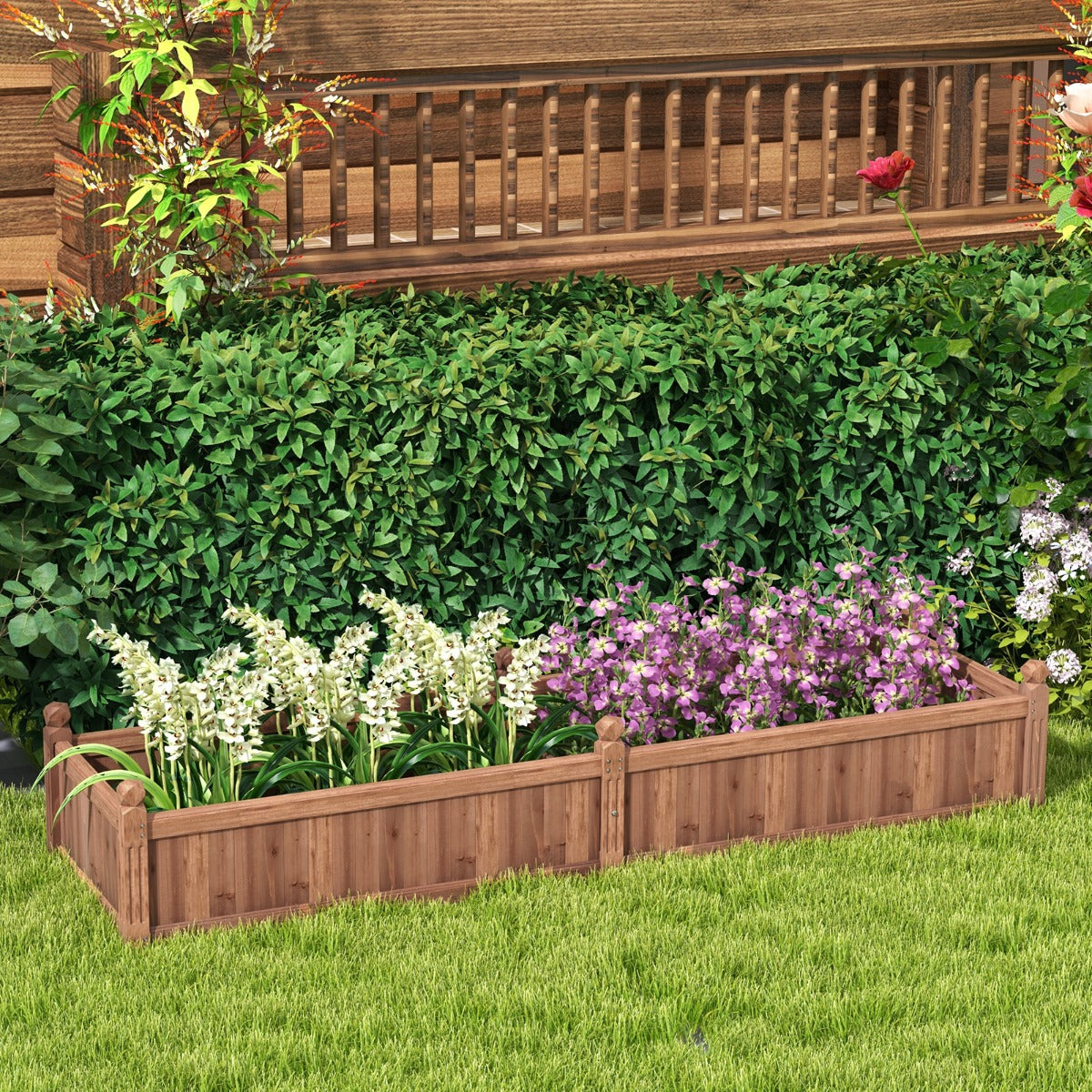 Raised wooden planter features four corner drainage outlets to prevent waterlogging