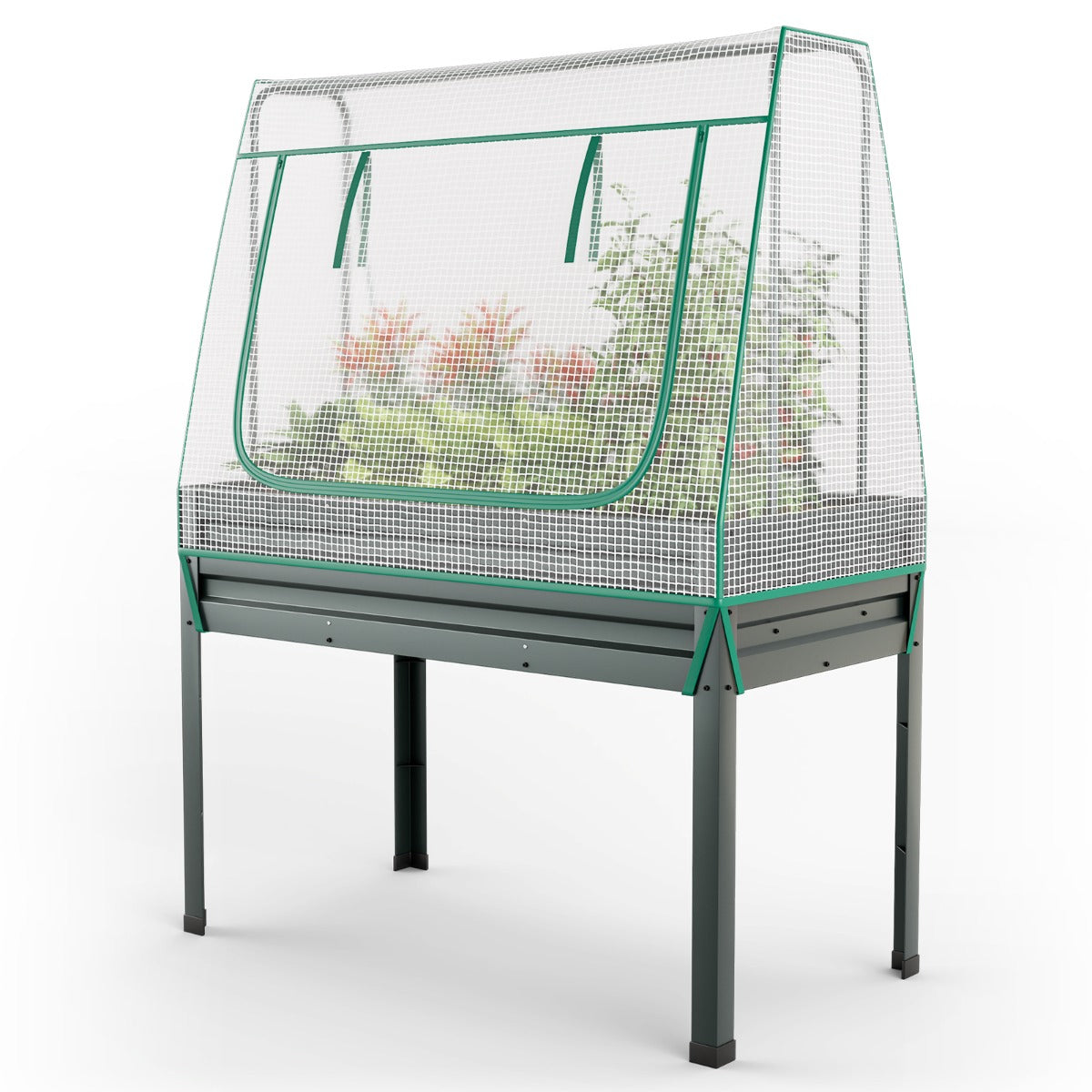 3-in-1 Raised Garden Bed with Greenhouse Cover and Trellis for Flower Herb Vegetable-Grey