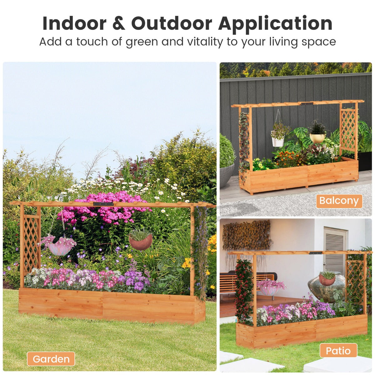 Raised planter features drainage holes and removable bottom panels for healthy roots and flexible gardening