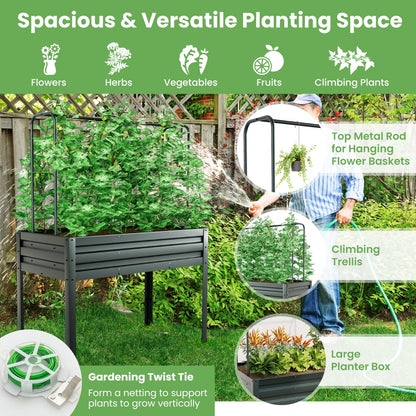 3-in-1 Raised Garden Bed with Greenhouse Cover and Trellis for Flower Herb Vegetable-Grey
