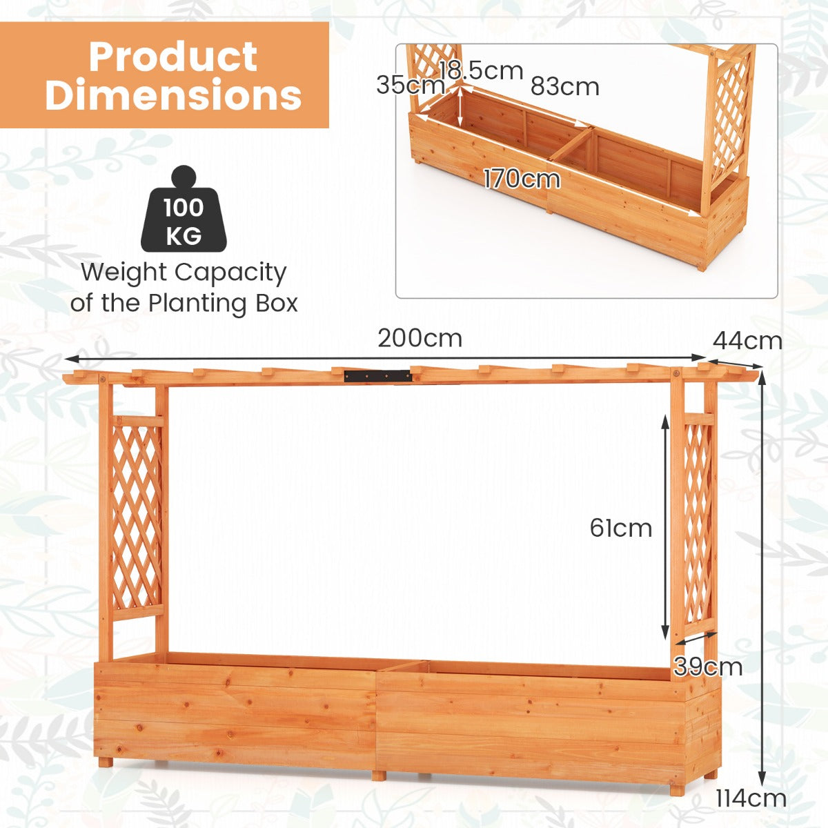 Orange fir wood raised garden bed with trellises and hanging roof for flowers, herbs and climbing plants
