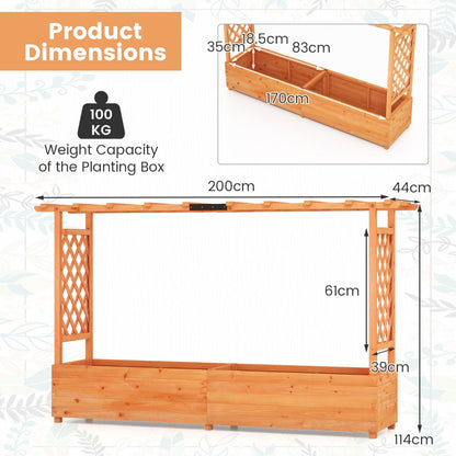 Orange fir wood raised garden bed with trellises and hanging roof for flowers, herbs and climbing plants