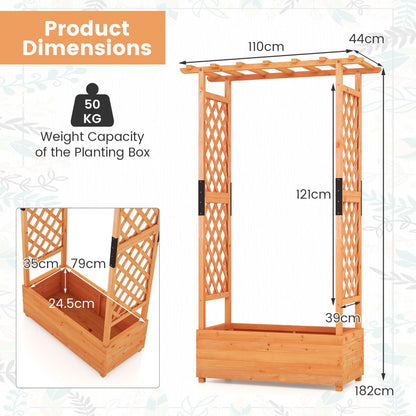 Orange fir wood raised garden bed with trellises and hanging roof for flowers, herbs and climbing plants