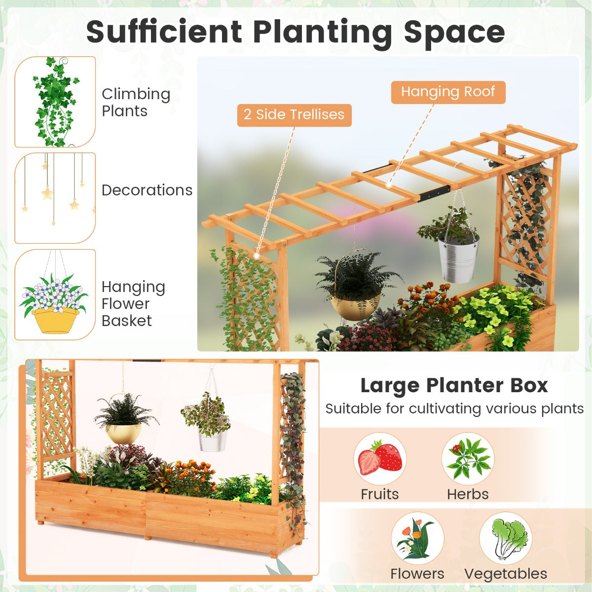 Deep planter box provides ample growing space for vegetables, fruits, herbs and ornamental flowers