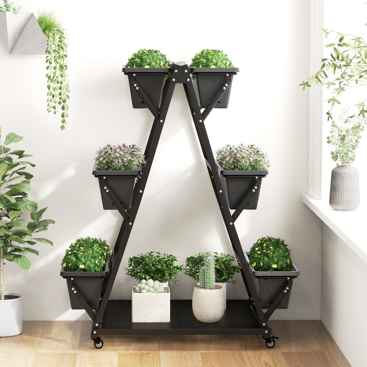 Sturdy rust-resistant carbon steel frame provides stable support for outdoor and indoor gardening