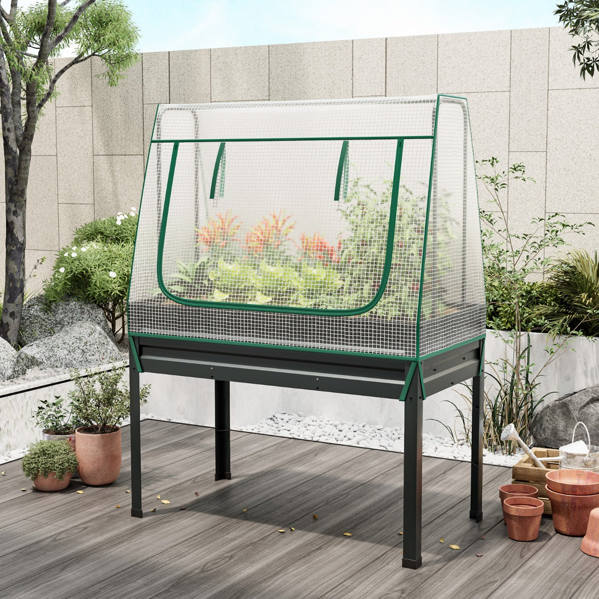 3-in-1 Raised Garden Bed with Greenhouse Cover and Trellis for Flower Herb Vegetable-Grey